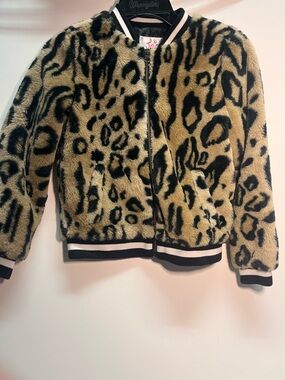 Justice Girls' Faux Fur Leopard Bomber Jacket - Black & Tan